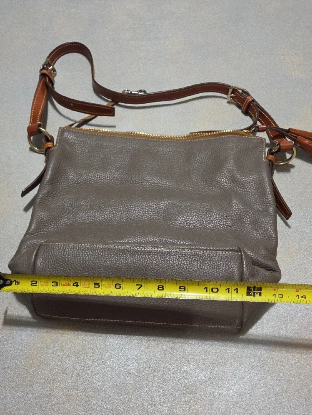 Dooney & Bourke Gray Pebbled Leather Crossbody with Brown Trim